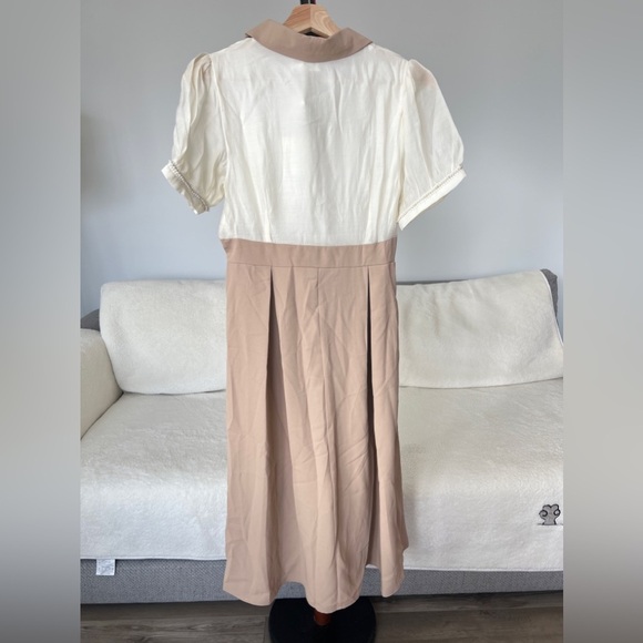 Women Doll Collar Breaded A-Line Elegant Two-Tone Pearl Trim Maxi Dress – Size M - Picture 5 of 13